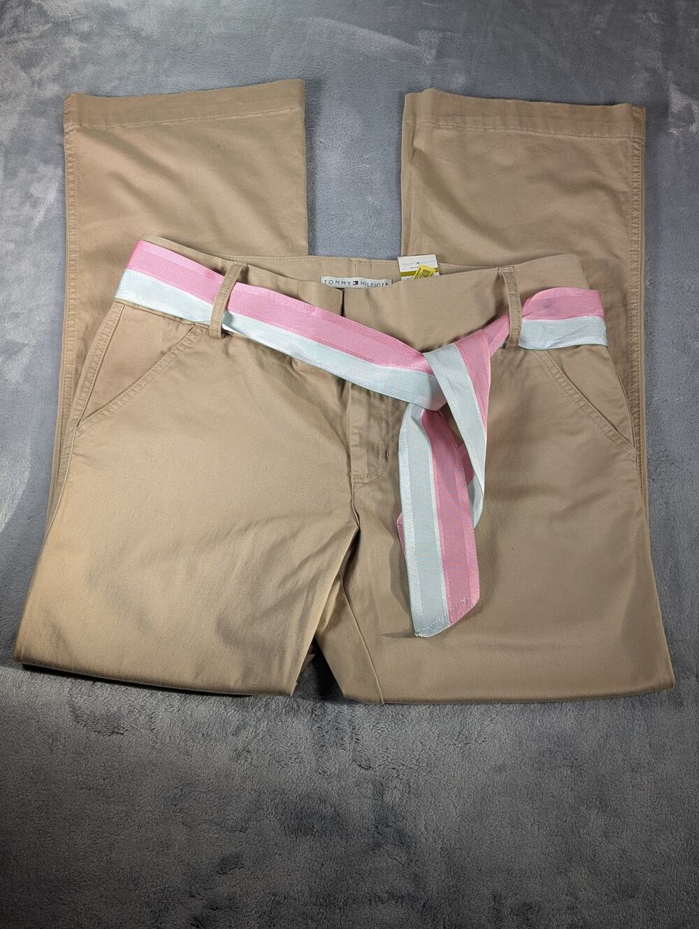 Y2K Tommy Hilfiger Flare Kahki beige sz 14 Pink ribbon belt NOS
